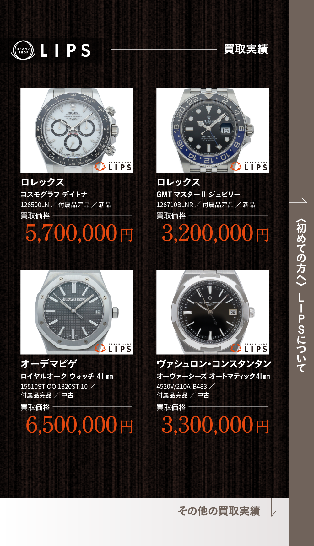 買取実績 ロレックス コスモグラフ デイトナ 126500LN／ 付属品完品 ／ 新品 買取価格 5,700,000円 ロレックス GMTマスターⅡ ジュビリー 126710BLNR／ 付属品完品 ／ 新品 買取価格3,200,000円 オーデマピゲ ロイヤルオーク ウォッチ 41㎜ 15510ST.OO.1320ST.10／ 付属品完品 ／ 中古 買取価格 6,500,000円 ヴァシュロン･コンスタンタン オーヴァーシーズ オートマティック 41㎜ 4520V/210A-B483／ 付属品完品 ／ 中古 買取価格 3,300,000円
